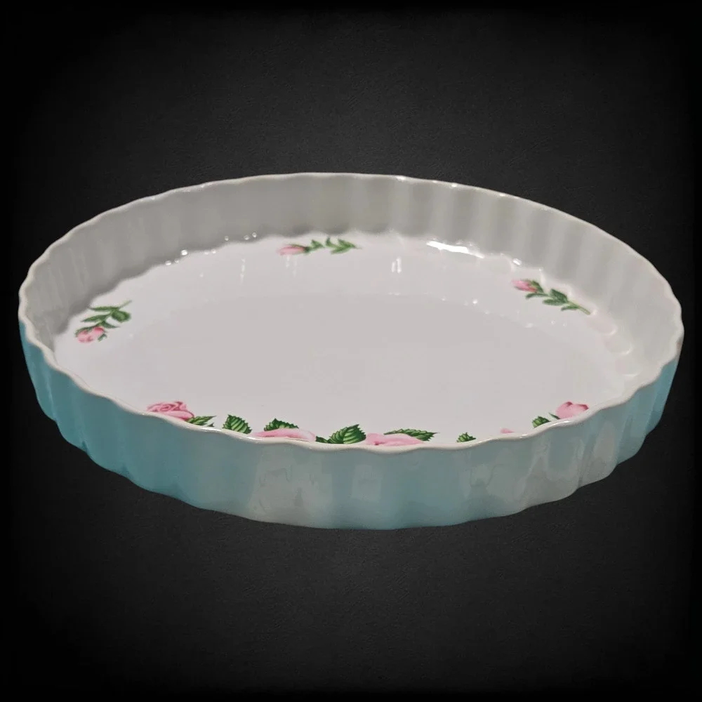 Vintage White Pink Rose Floral Beveled Porcelain 9.5in Quiche Tart 1980s Pie Pan